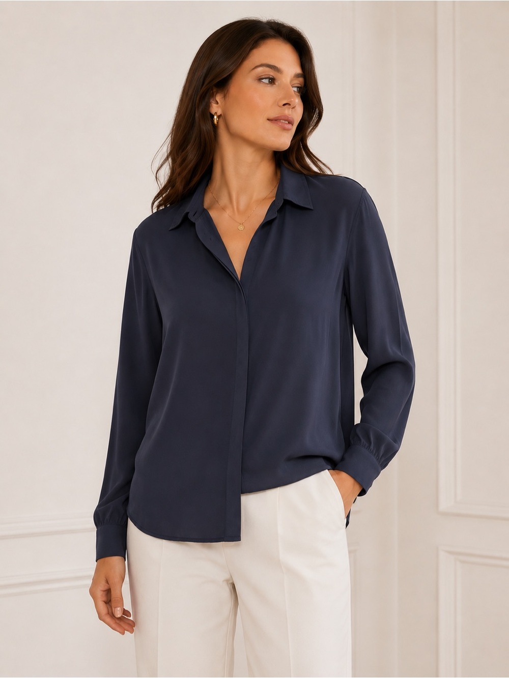White House Black Market Navy Blue Collared Long Sleeves Blouse Womens XL Top